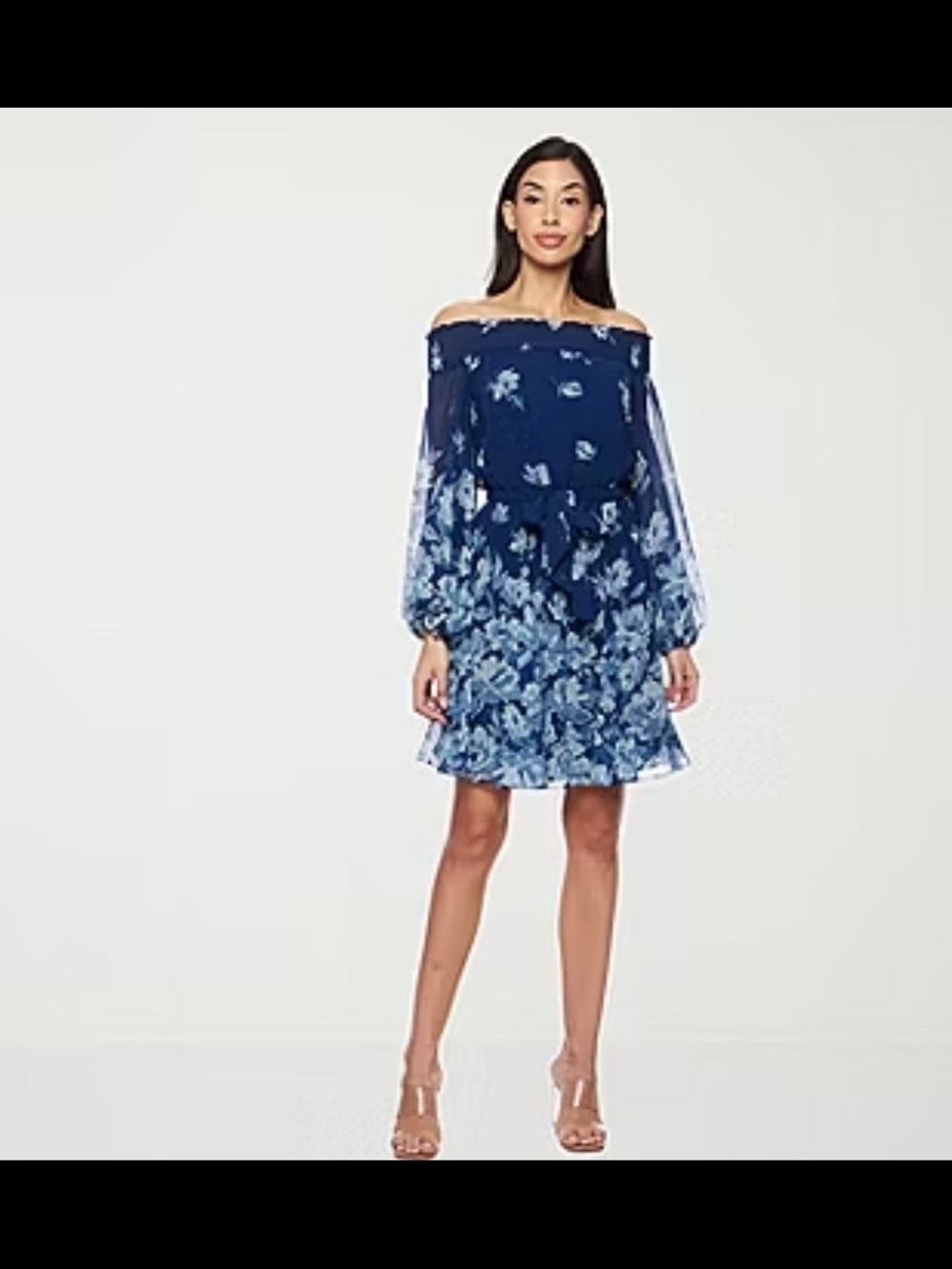 Navy Blue Floral Off Shoulder Smocked Waist Long Sleeve Flowy Boho Mini Dress
